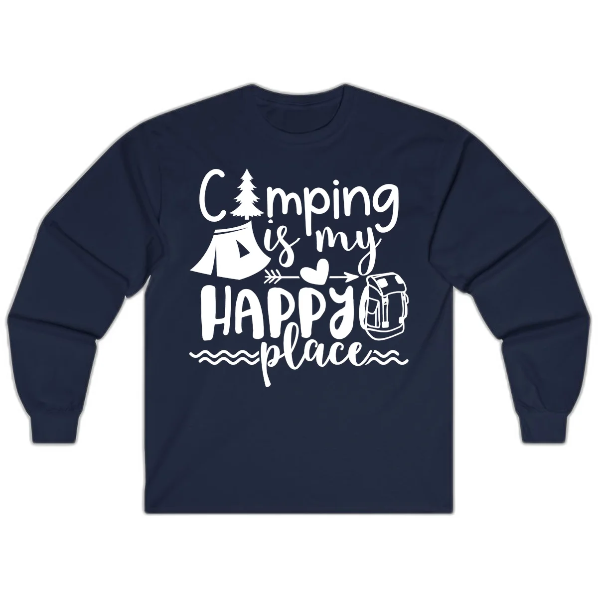 White illustrated camping design with text 'Camping is my happy place' featuring tent, pine tree, beer mug, and backpack on gray background in Navy