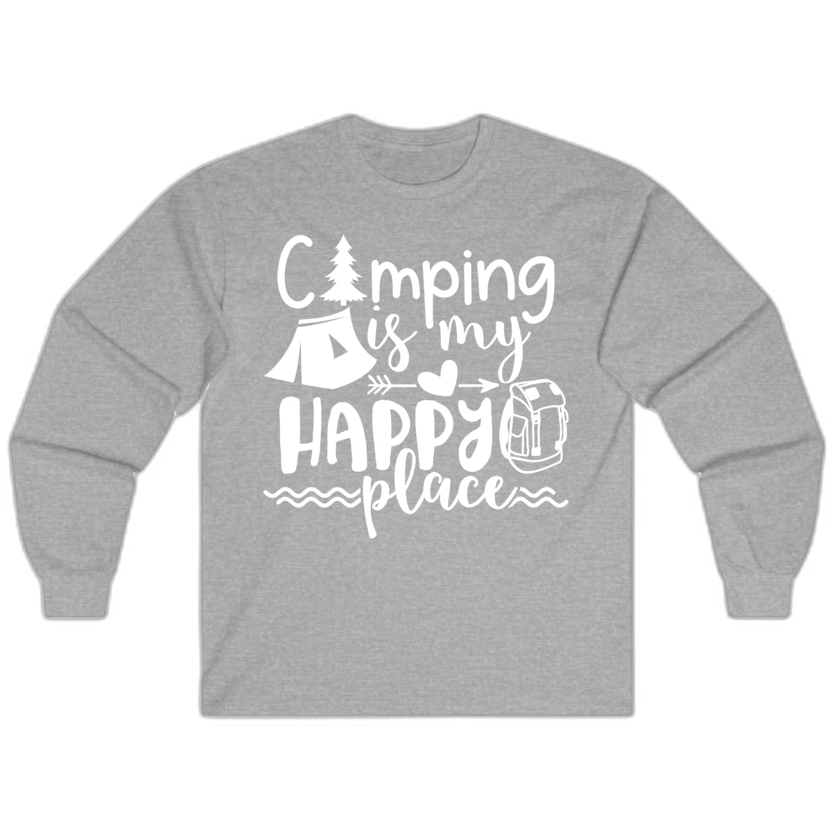 White illustrated camping design with text 'Camping is my happy place' featuring tent, pine tree, beer mug, and backpack on gray background in Sport Grey