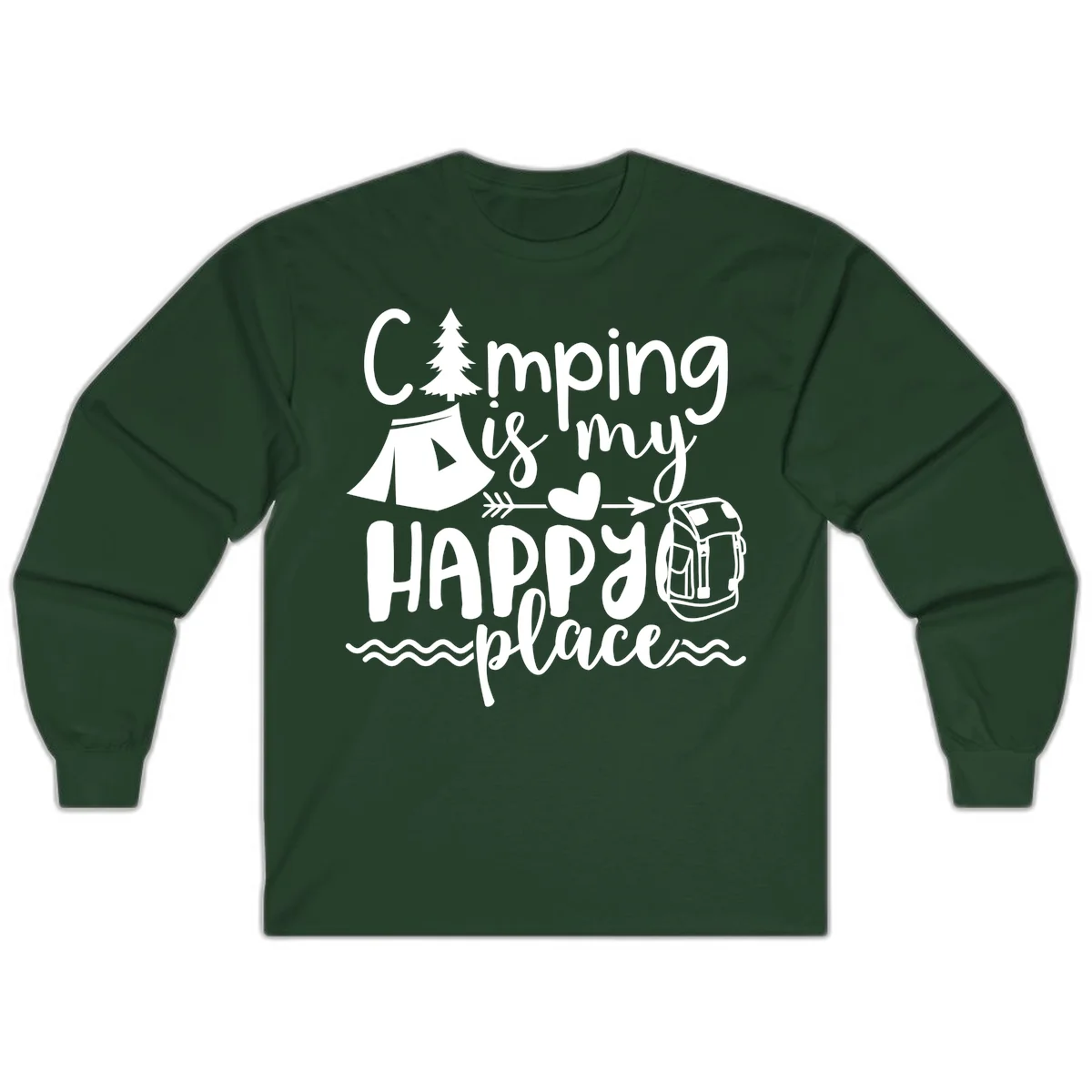 White illustrated camping design with text 'Camping is my happy place' featuring tent, pine tree, beer mug, and backpack on gray background in Forest Green