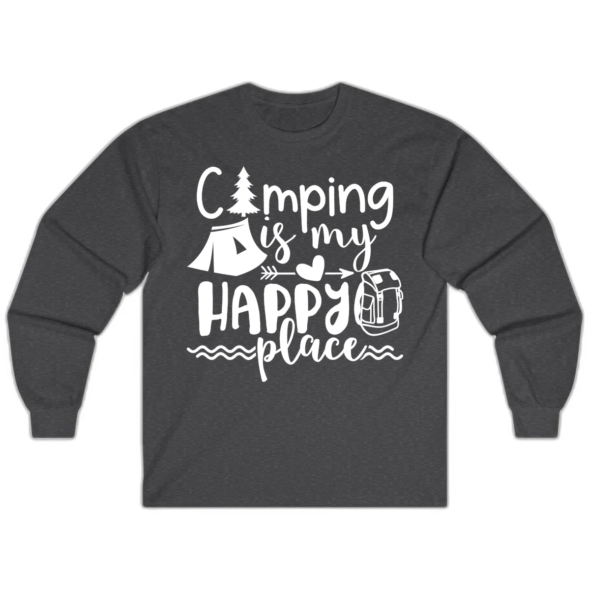 White illustrated camping design with text 'Camping is my happy place' featuring tent, pine tree, beer mug, and backpack on gray background in Dark Heather