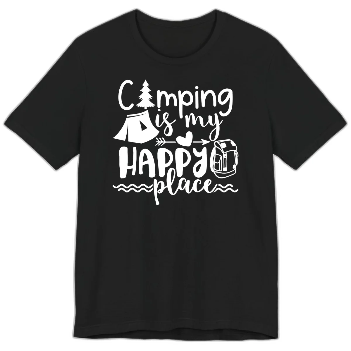 White illustrated camping design with text 'Camping is my happy place' featuring tent, pine tree, beer mug, and backpack on gray background in Black