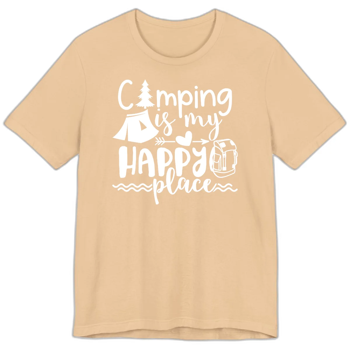 White illustrated camping design with text 'Camping is my happy place' featuring tent, pine tree, beer mug, and backpack on gray background in Sand Dune