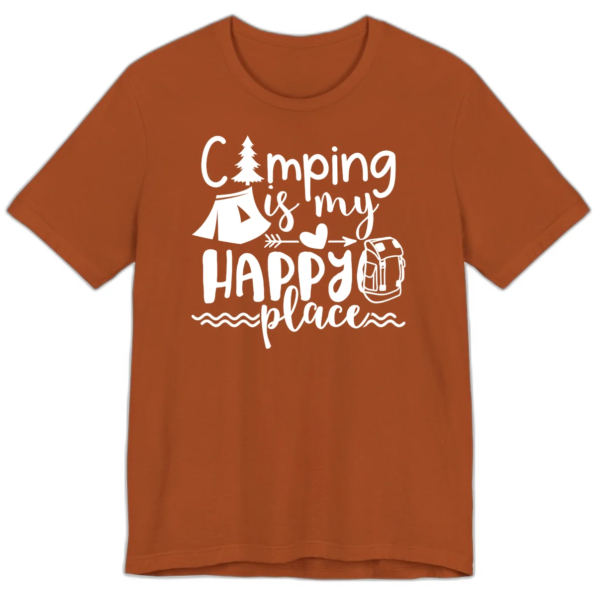White illustrated camping design with text 'Camping is my happy place' featuring tent, pine tree, beer mug, and backpack on gray background in Autumn