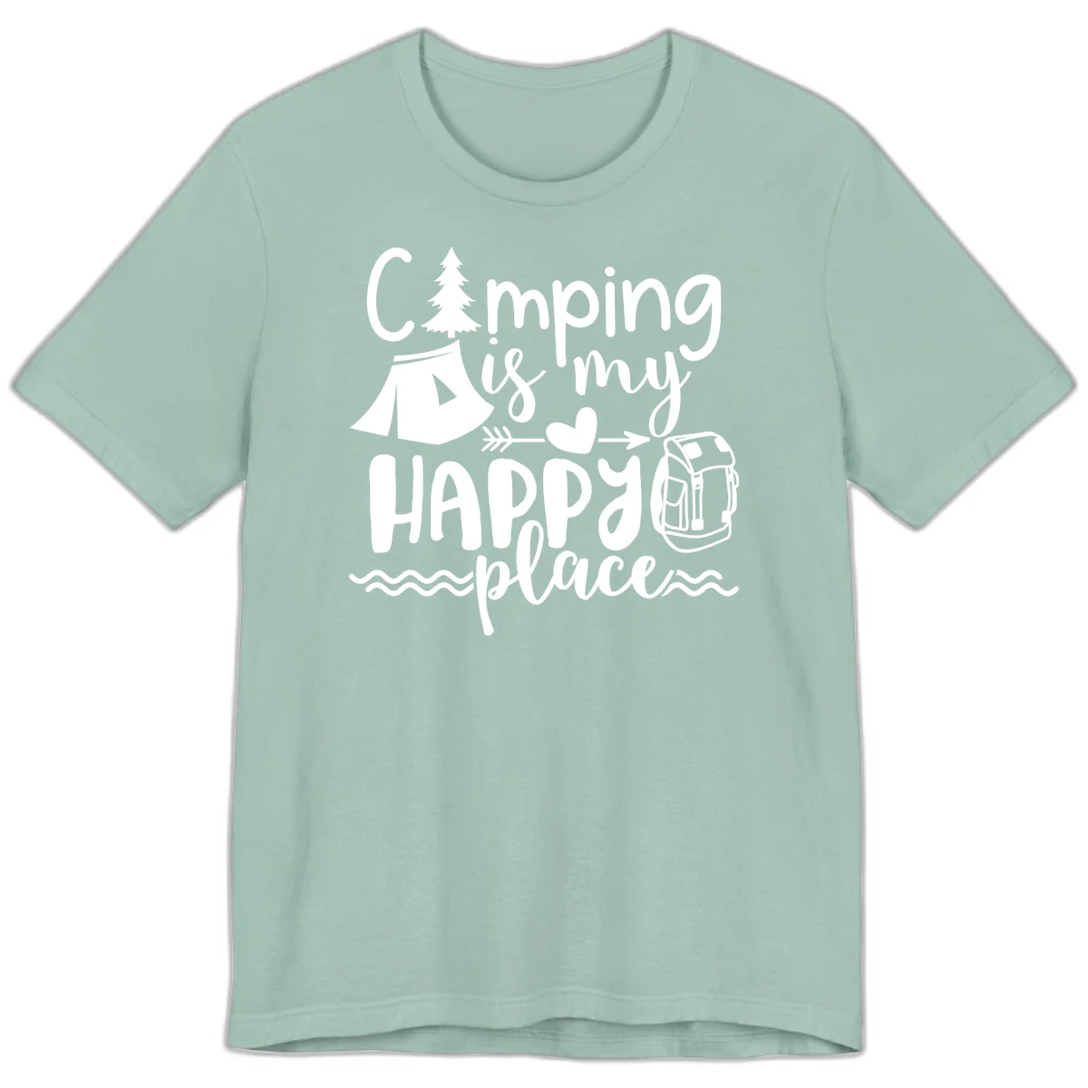 White illustrated camping design with text 'Camping is my happy place' featuring tent, pine tree, beer mug, and backpack on gray background in Dusty Blue