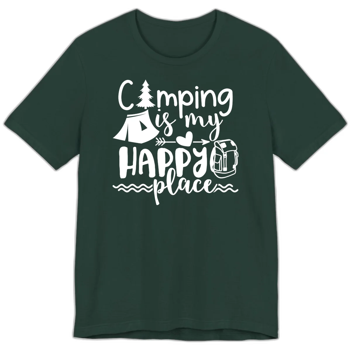 White illustrated camping design with text 'Camping is my happy place' featuring tent, pine tree, beer mug, and backpack on gray background in Forest