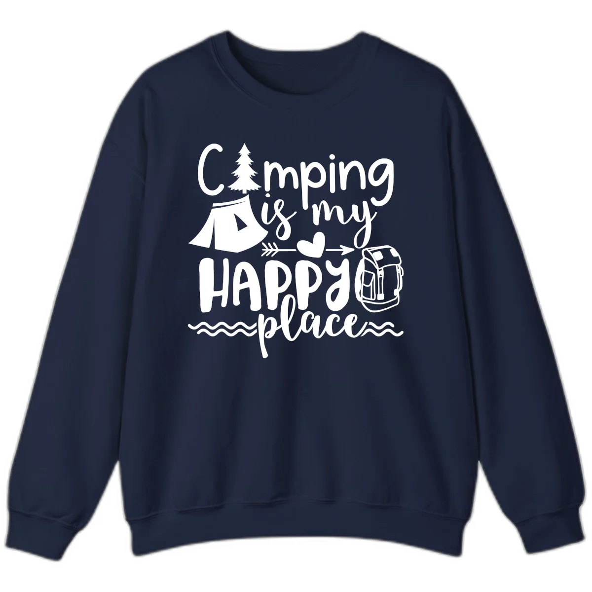 White illustrated camping design with text 'Camping is my happy place' featuring tent, pine tree, beer mug, and backpack on gray background in Navy