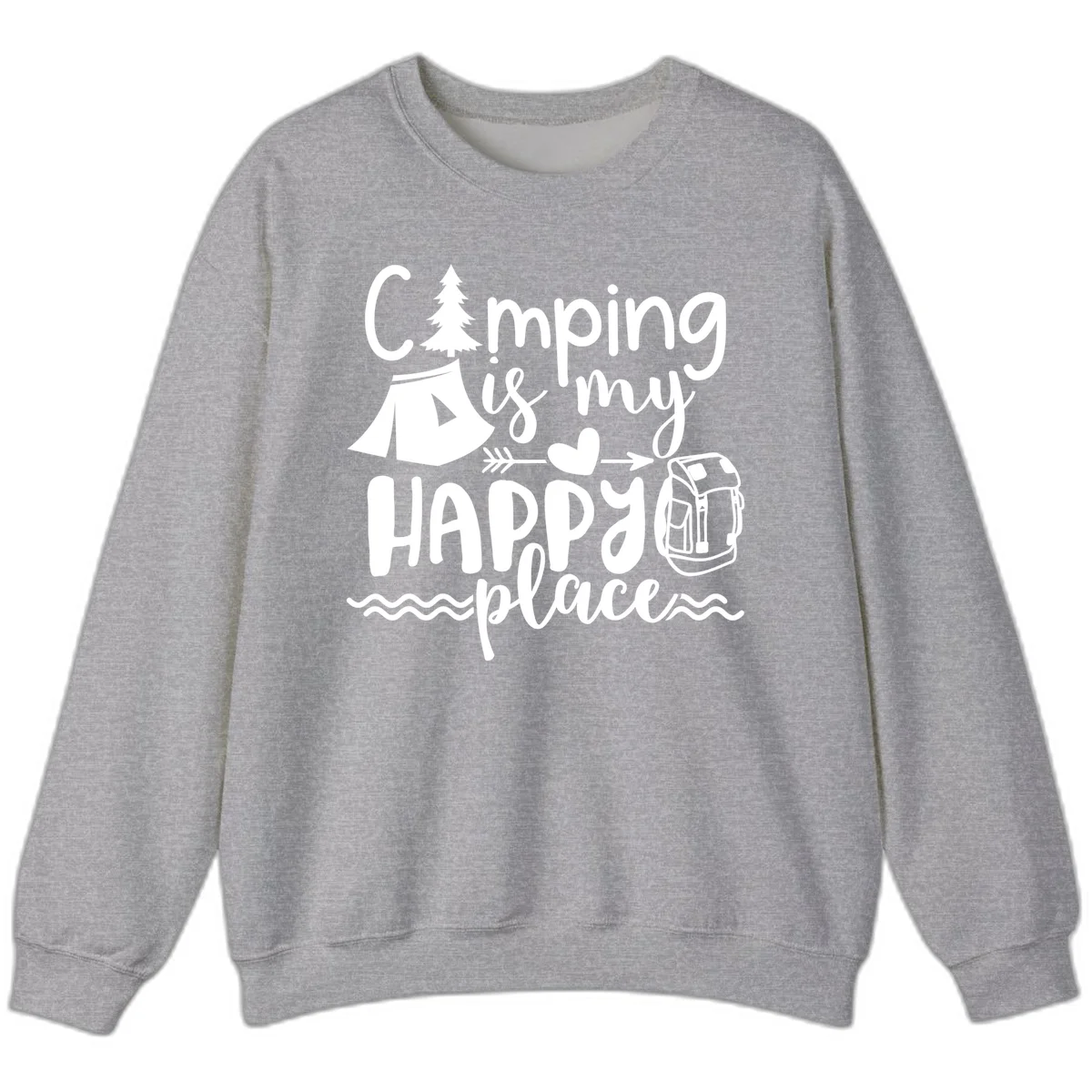 White illustrated camping design with text 'Camping is my happy place' featuring tent, pine tree, beer mug, and backpack on gray background in Sport Grey