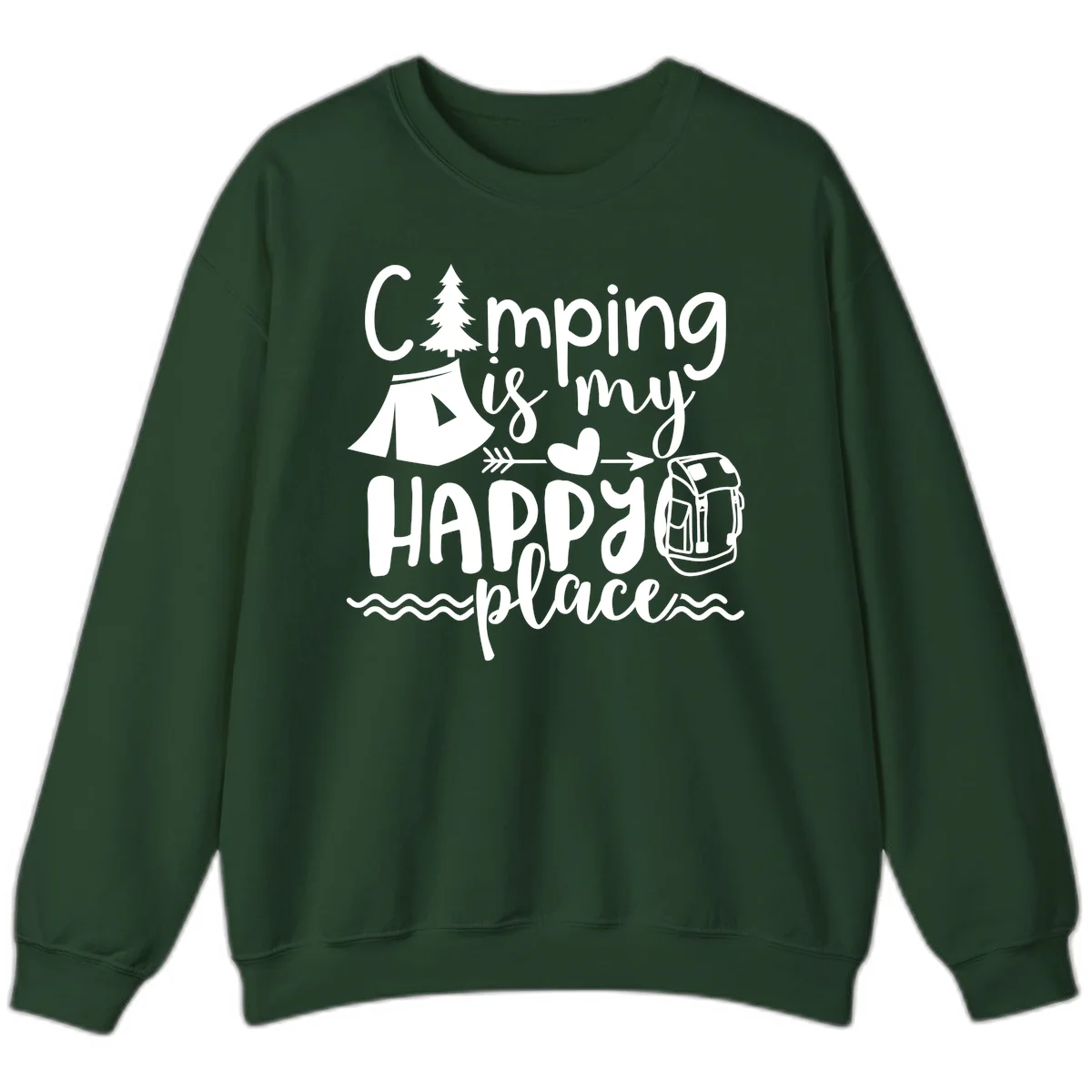 White illustrated camping design with text 'Camping is my happy place' featuring tent, pine tree, beer mug, and backpack on gray background in Forest Green