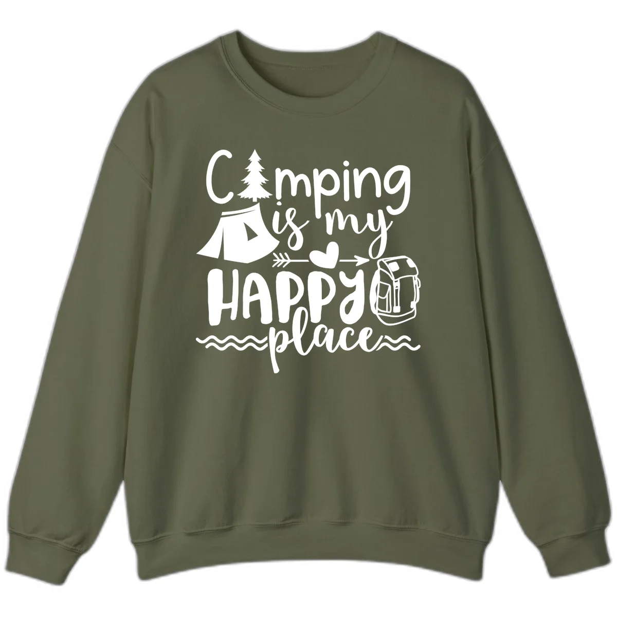 White illustrated camping design with text 'Camping is my happy place' featuring tent, pine tree, beer mug, and backpack on gray background in Military Green
