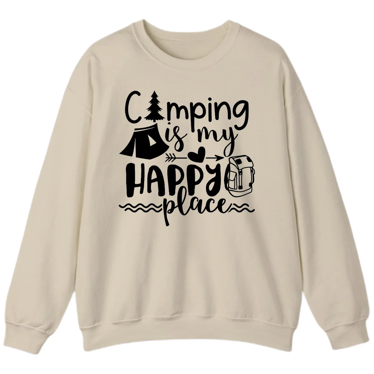 White illustrated camping design with text 'Camping is my happy place' featuring tent, pine tree, beer mug, and backpack on gray background in Sand
