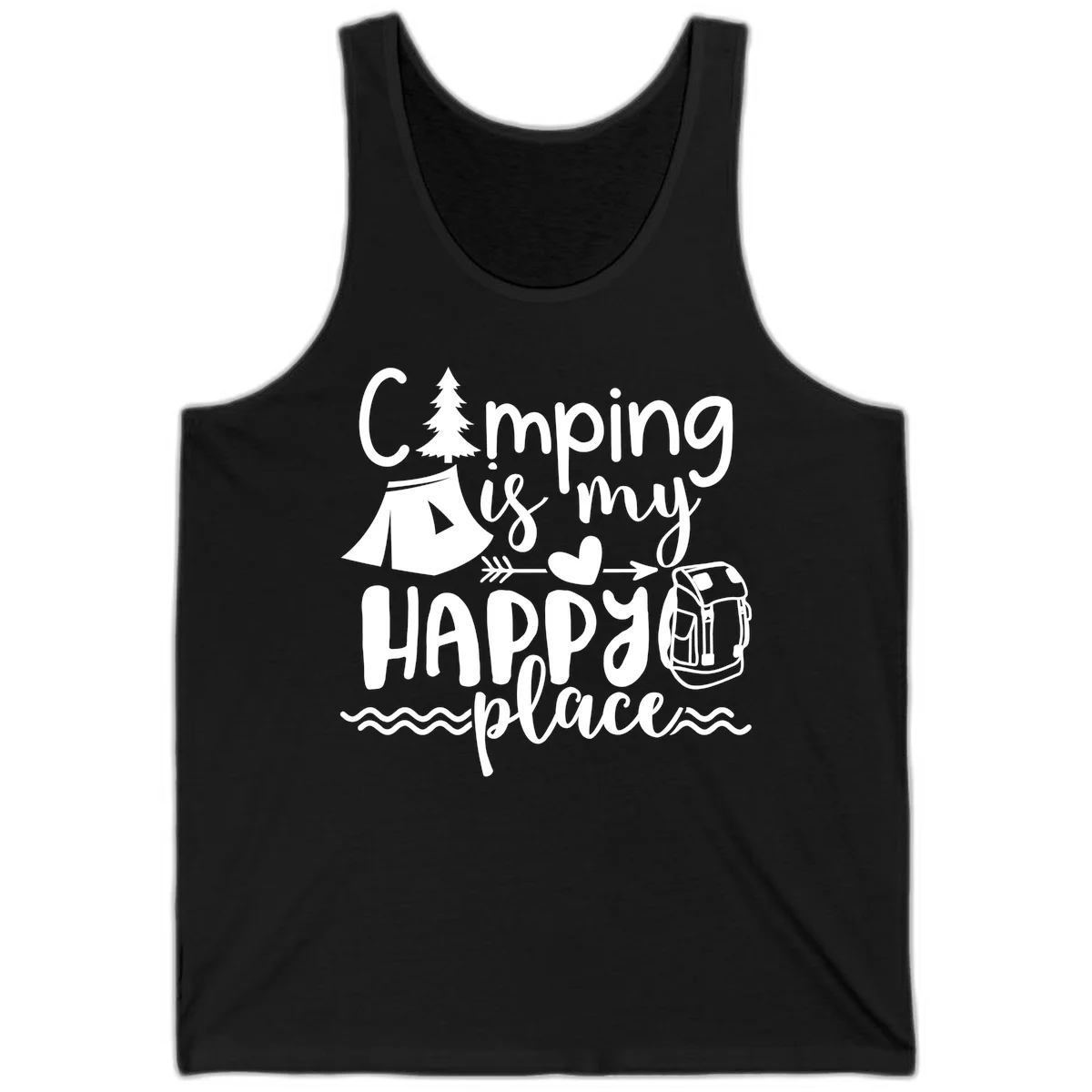 White illustrated camping design with text 'Camping is my happy place' featuring tent, pine tree, beer mug, and backpack on gray background in Black