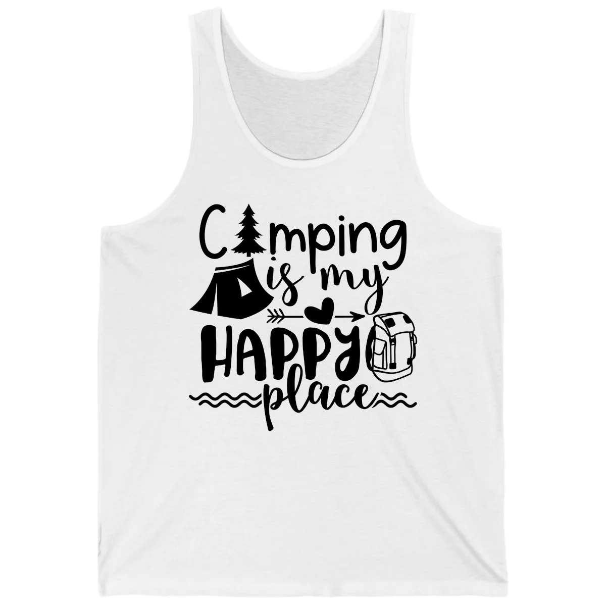 White illustrated camping design with text 'Camping is my happy place' featuring tent, pine tree, beer mug, and backpack on gray background in White
