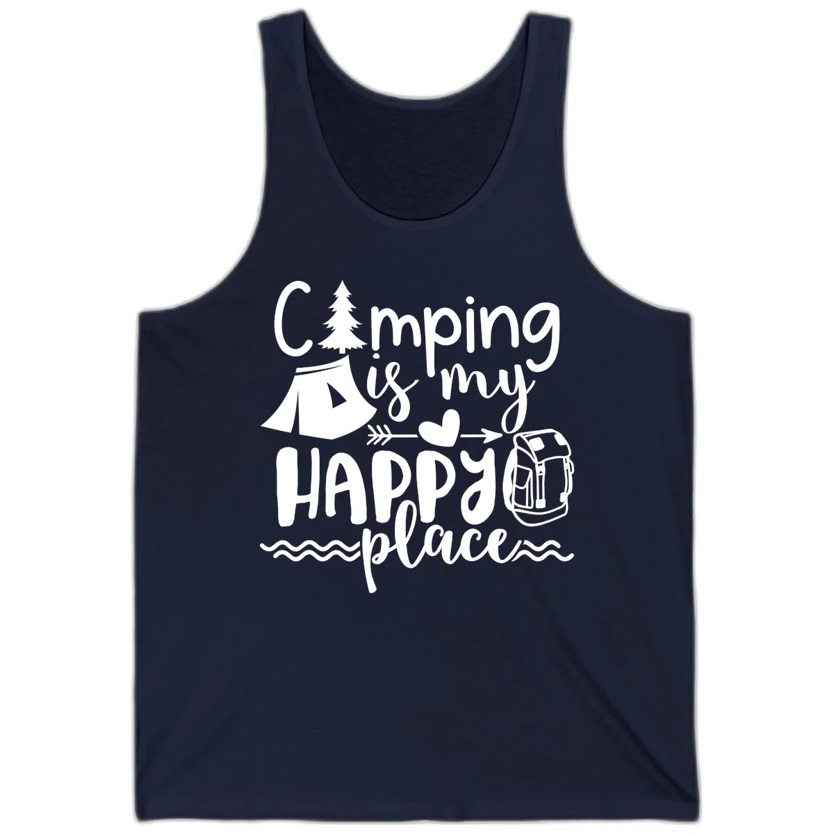 White illustrated camping design with text 'Camping is my happy place' featuring tent, pine tree, beer mug, and backpack on gray background in Navy