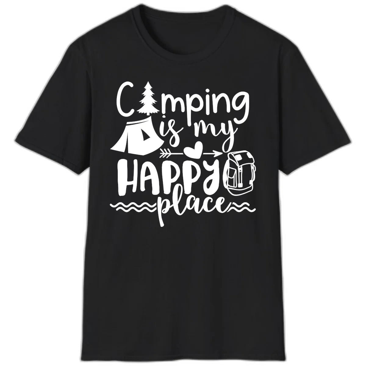 White illustrated camping design with text 'Camping is my happy place' featuring tent, pine tree, beer mug, and backpack on gray background in Black