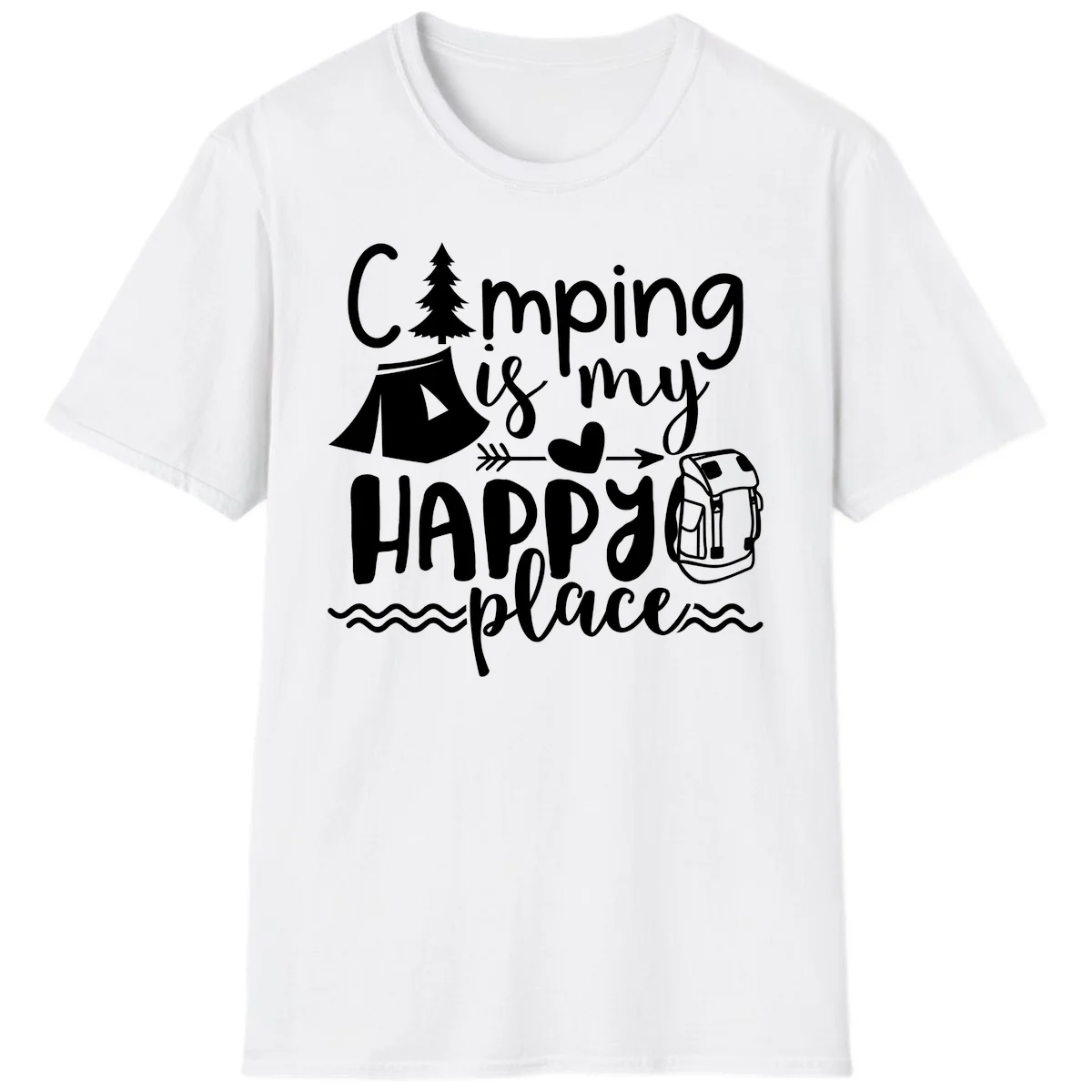 White illustrated camping design with text 'Camping is my happy place' featuring tent, pine tree, beer mug, and backpack on gray background in White