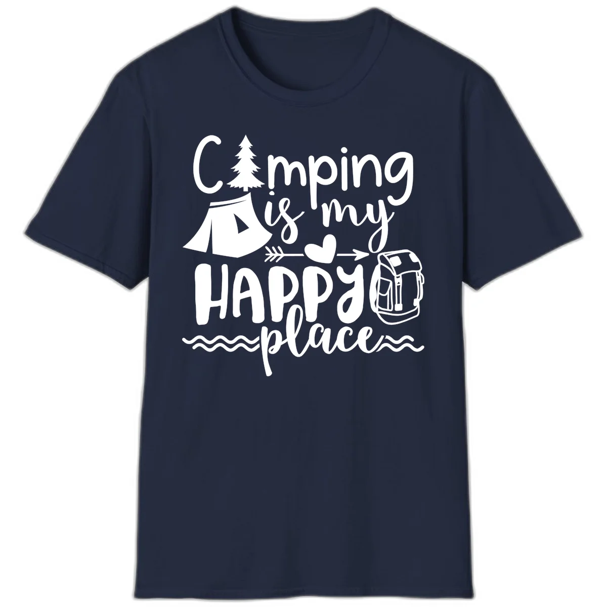 White illustrated camping design with text 'Camping is my happy place' featuring tent, pine tree, beer mug, and backpack on gray background in Navy