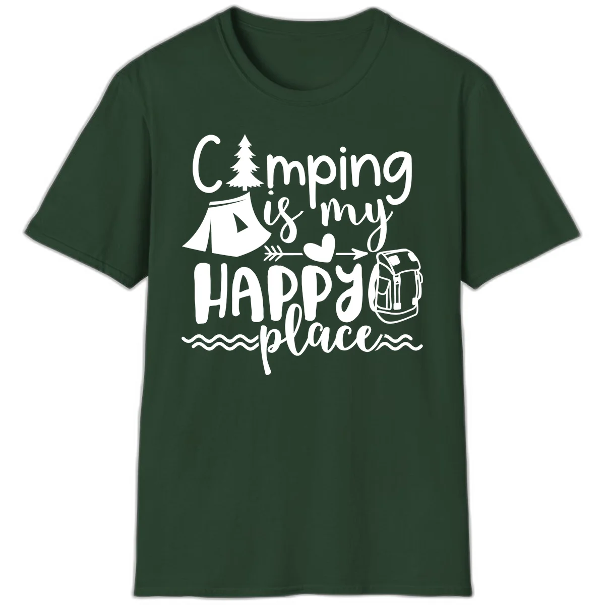 White illustrated camping design with text 'Camping is my happy place' featuring tent, pine tree, beer mug, and backpack on gray background in Forest Green