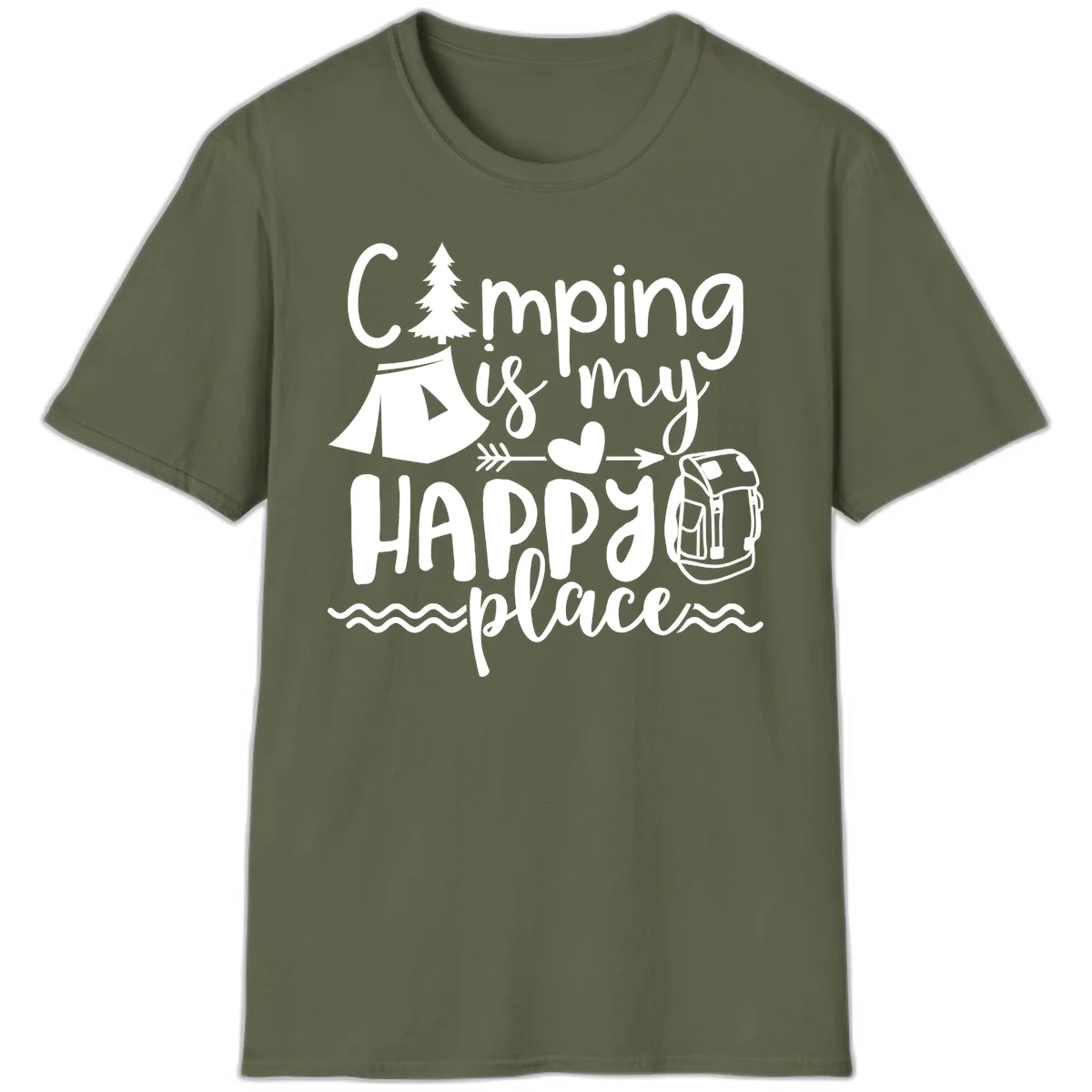 White illustrated camping design with text 'Camping is my happy place' featuring tent, pine tree, beer mug, and backpack on gray background in Military Green