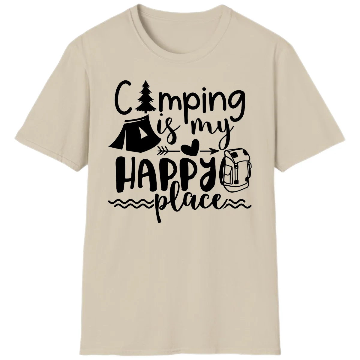 White illustrated camping design with text 'Camping is my happy place' featuring tent, pine tree, beer mug, and backpack on gray background in Sand