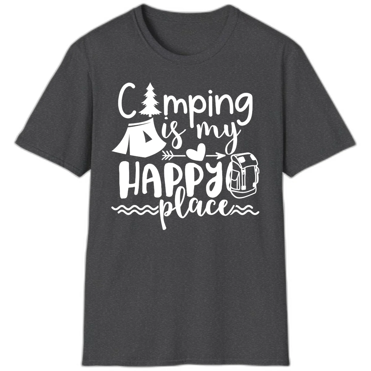 White illustrated camping design with text 'Camping is my happy place' featuring tent, pine tree, beer mug, and backpack on gray background in Dark Heather