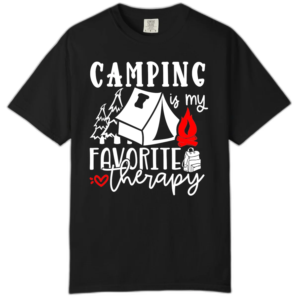 Illustration of tent, campfire, trees, and backpack with text reading 'Camping is my Favorite Therapy' on gray background in Black