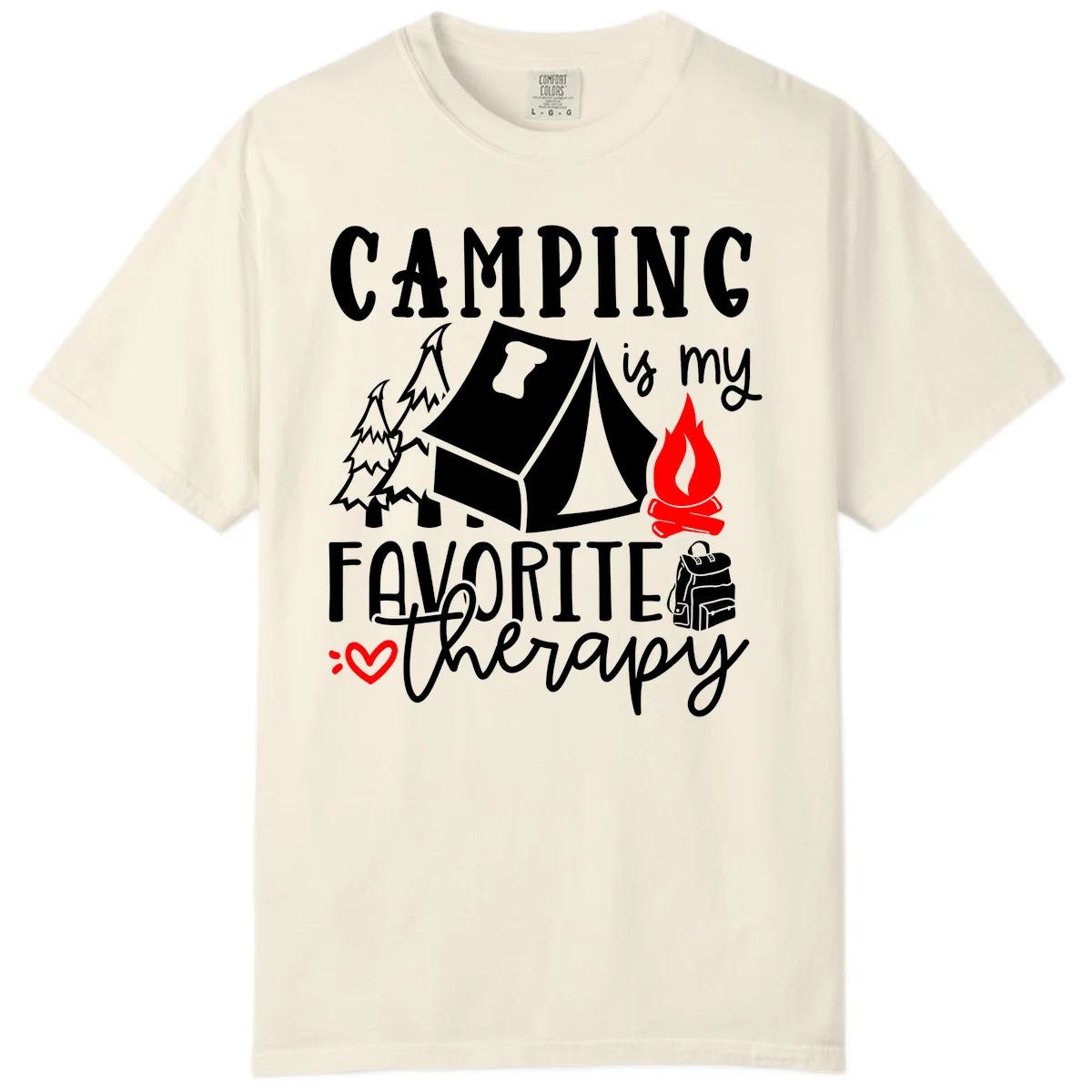 Illustration of tent, campfire, trees, and backpack with text reading 'Camping is my Favorite Therapy' on gray background in Ivory