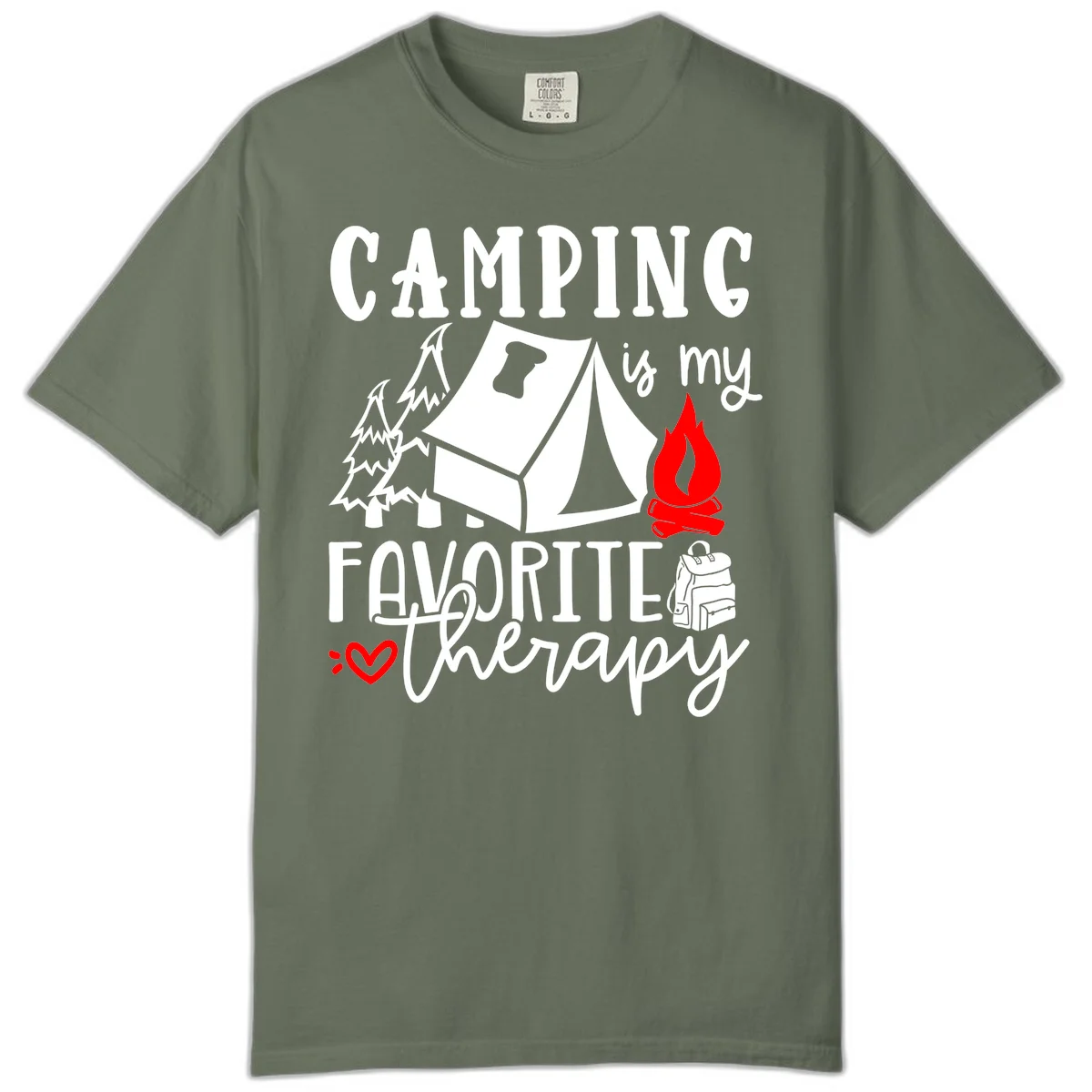 Illustration of tent, campfire, trees, and backpack with text reading 'Camping is my Favorite Therapy' on gray background in Moss