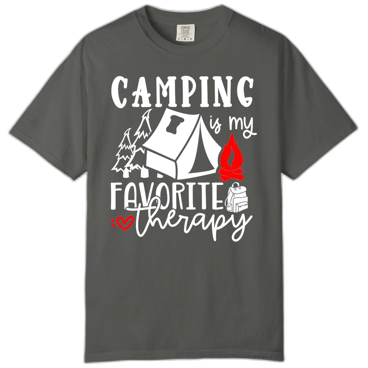 Illustration of tent, campfire, trees, and backpack with text reading 'Camping is my Favorite Therapy' on gray background in Pepper