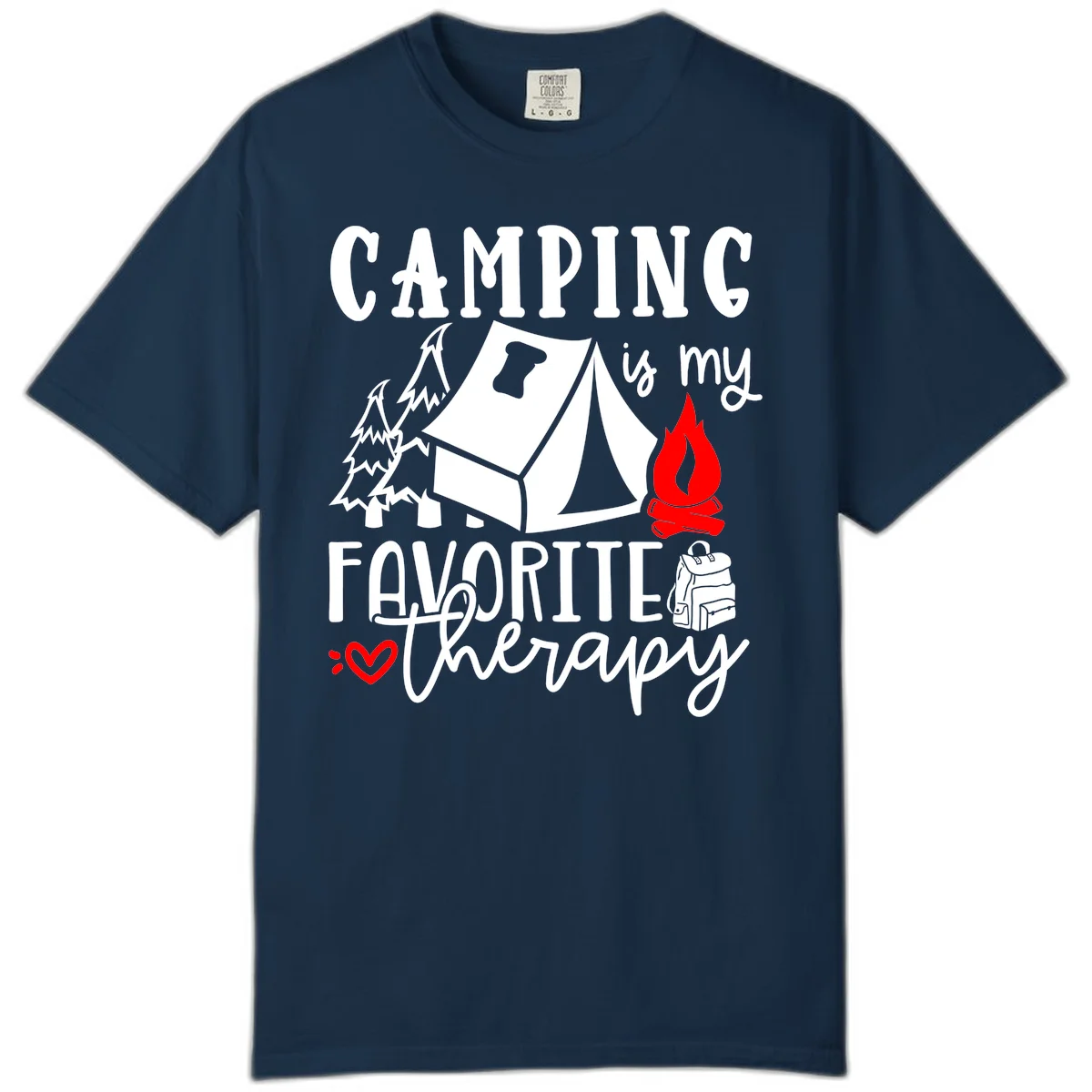 Illustration of tent, campfire, trees, and backpack with text reading 'Camping is my Favorite Therapy' on gray background in True Navy