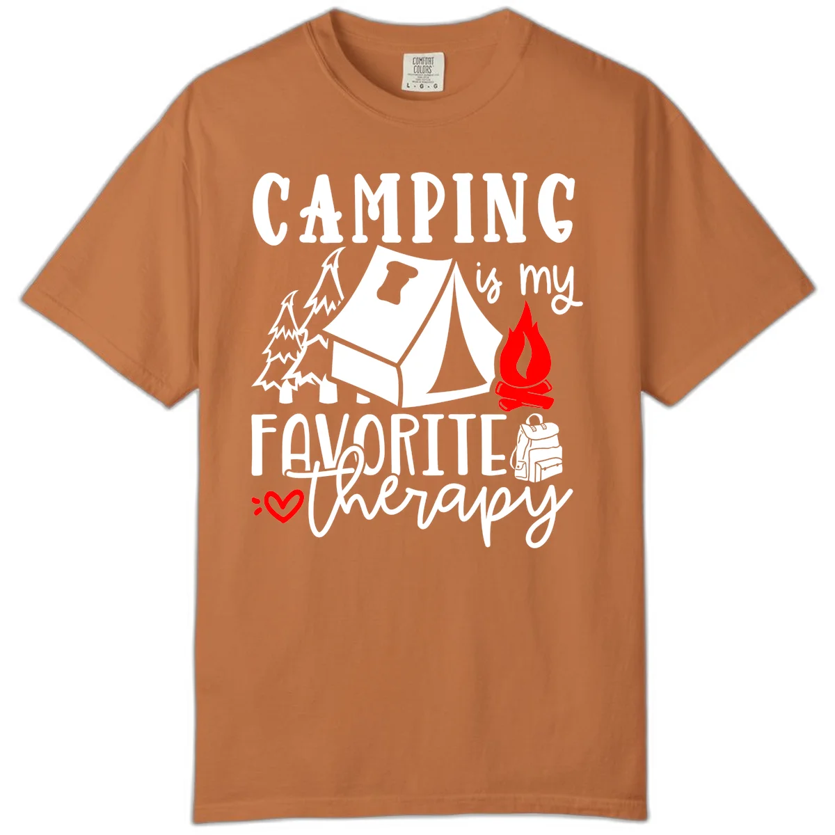 Illustration of tent, campfire, trees, and backpack with text reading 'Camping is my Favorite Therapy' on gray background in Yam