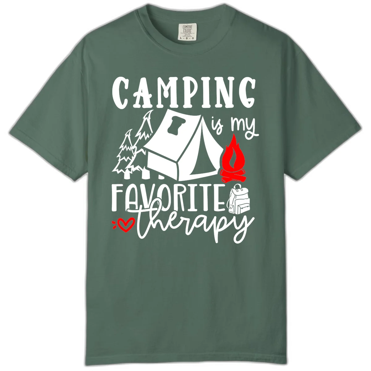 Illustration of tent, campfire, trees, and backpack with text reading 'Camping is my Favorite Therapy' on gray background in Blue Spruce