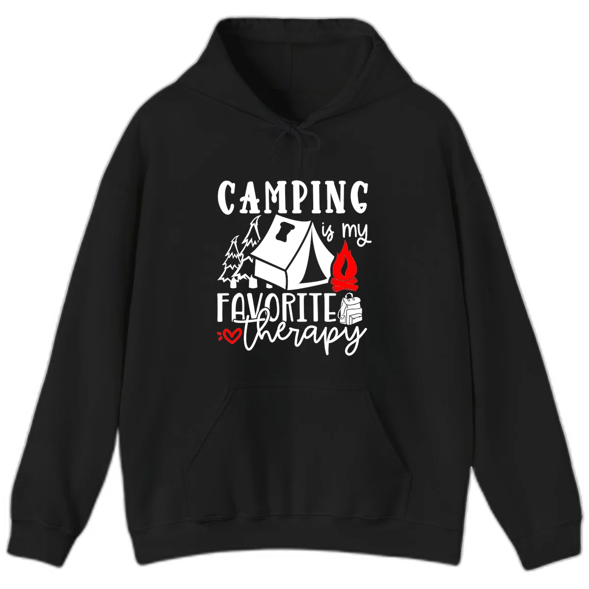 Illustration of tent, campfire, trees, and backpack with text reading 'Camping is my Favorite Therapy' on gray background in Black