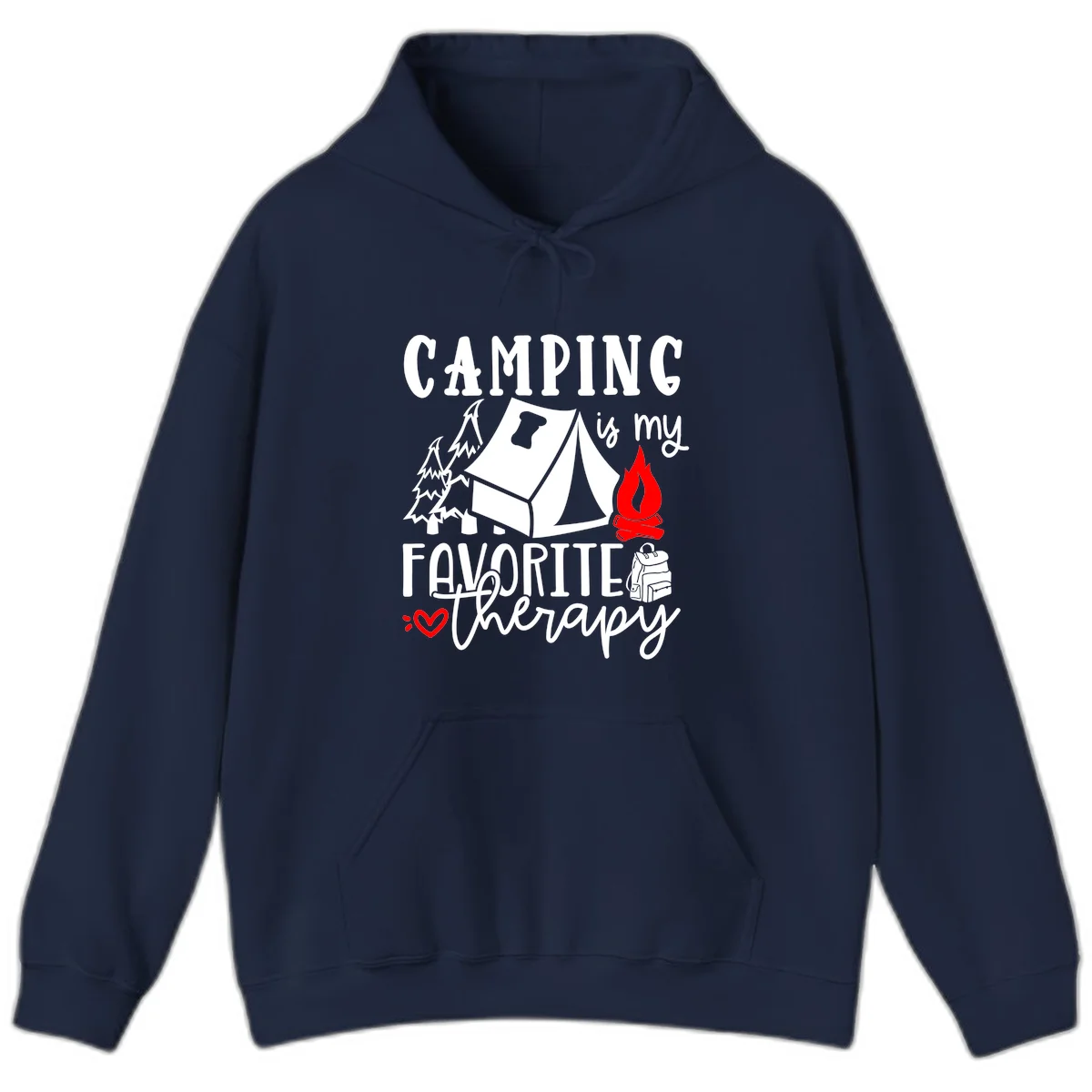 Illustration of tent, campfire, trees, and backpack with text reading 'Camping is my Favorite Therapy' on gray background in Navy