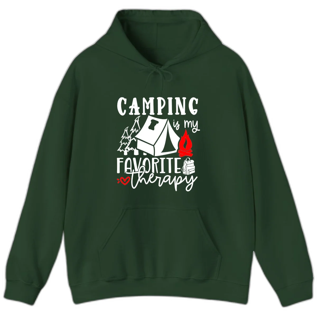 Illustration of tent, campfire, trees, and backpack with text reading 'Camping is my Favorite Therapy' on gray background in Forest Green