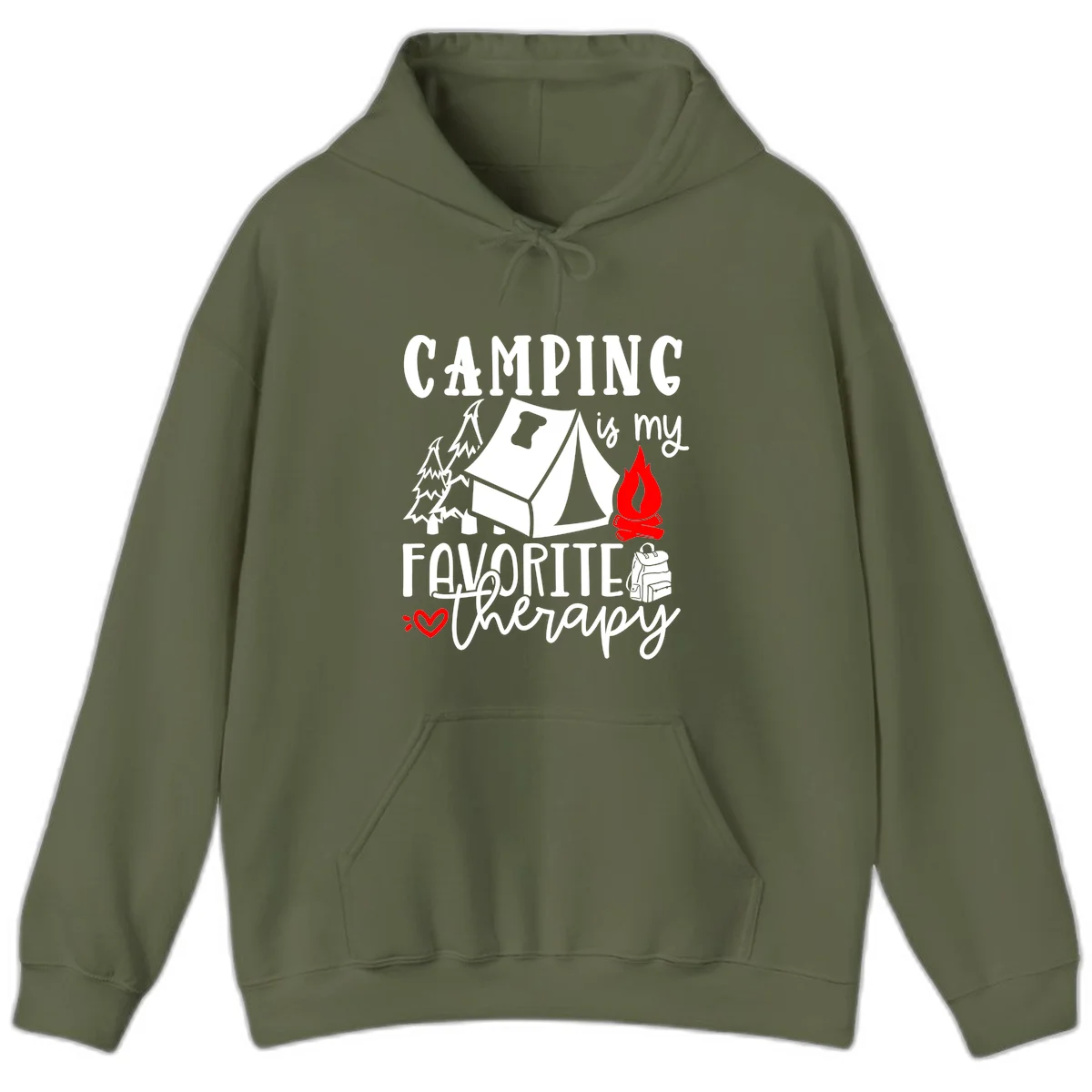 Illustration of tent, campfire, trees, and backpack with text reading 'Camping is my Favorite Therapy' on gray background in Military Green