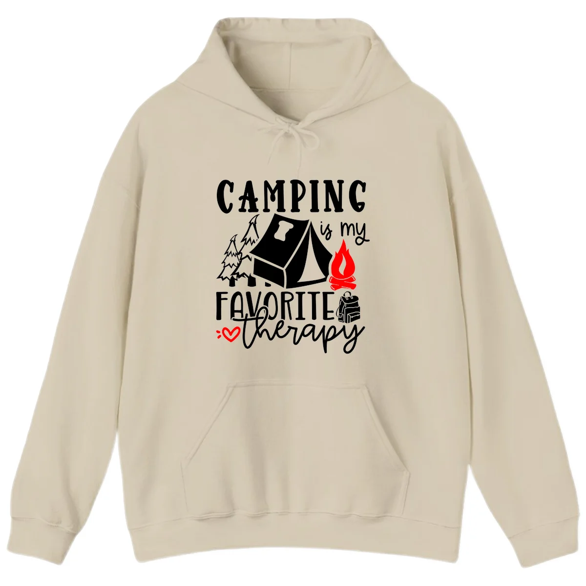Illustration of tent, campfire, trees, and backpack with text reading 'Camping is my Favorite Therapy' on gray background in Sand