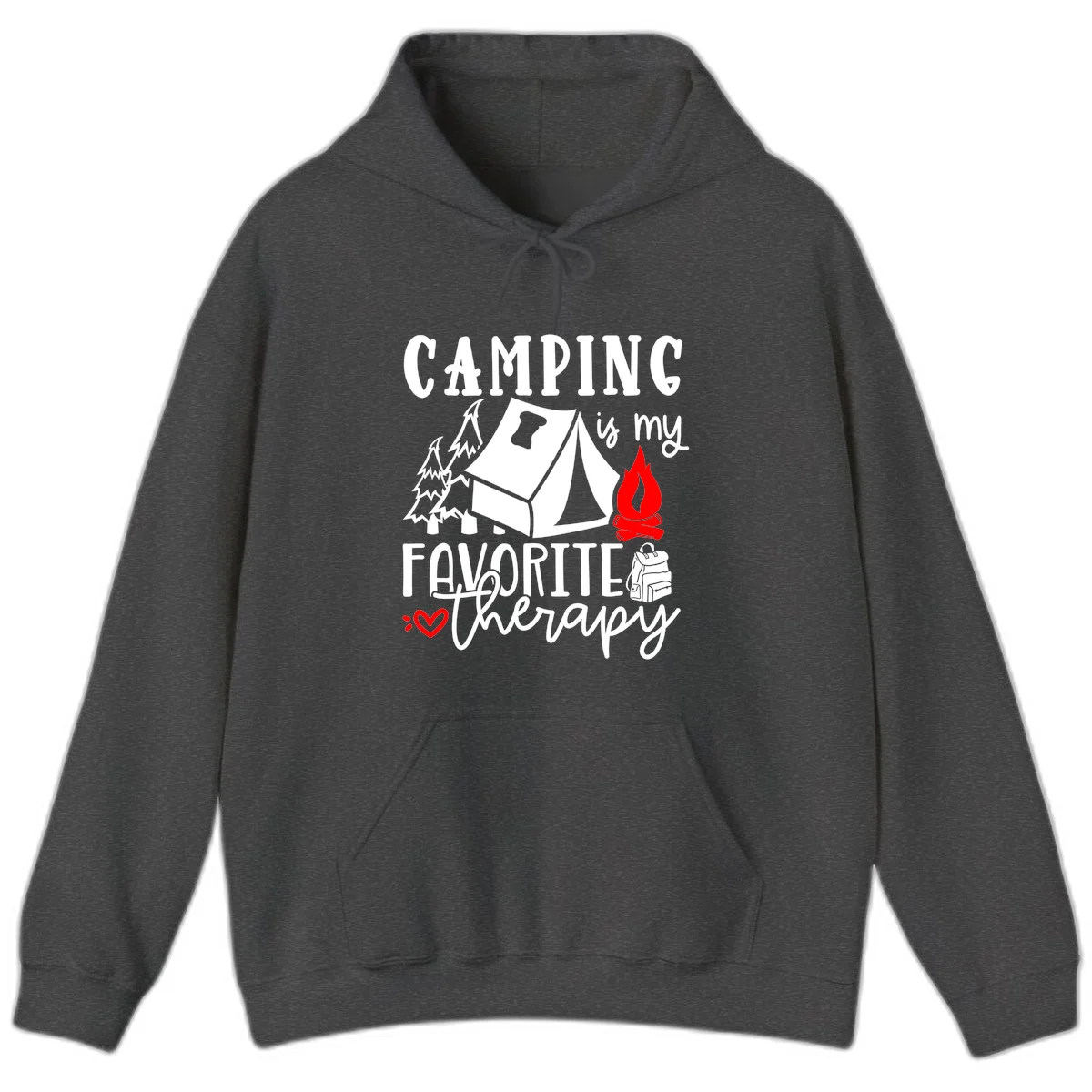 Illustration of tent, campfire, trees, and backpack with text reading 'Camping is my Favorite Therapy' on gray background in Dark Heather