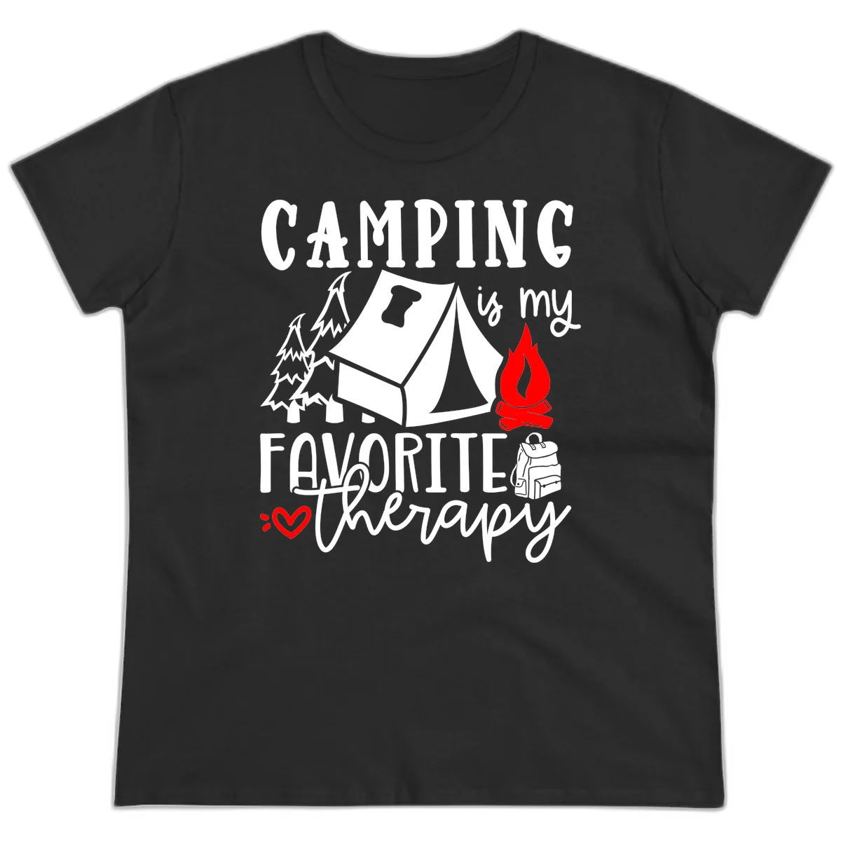Illustration of tent, campfire, trees, and backpack with text reading 'Camping is my Favorite Therapy' on gray background in Black