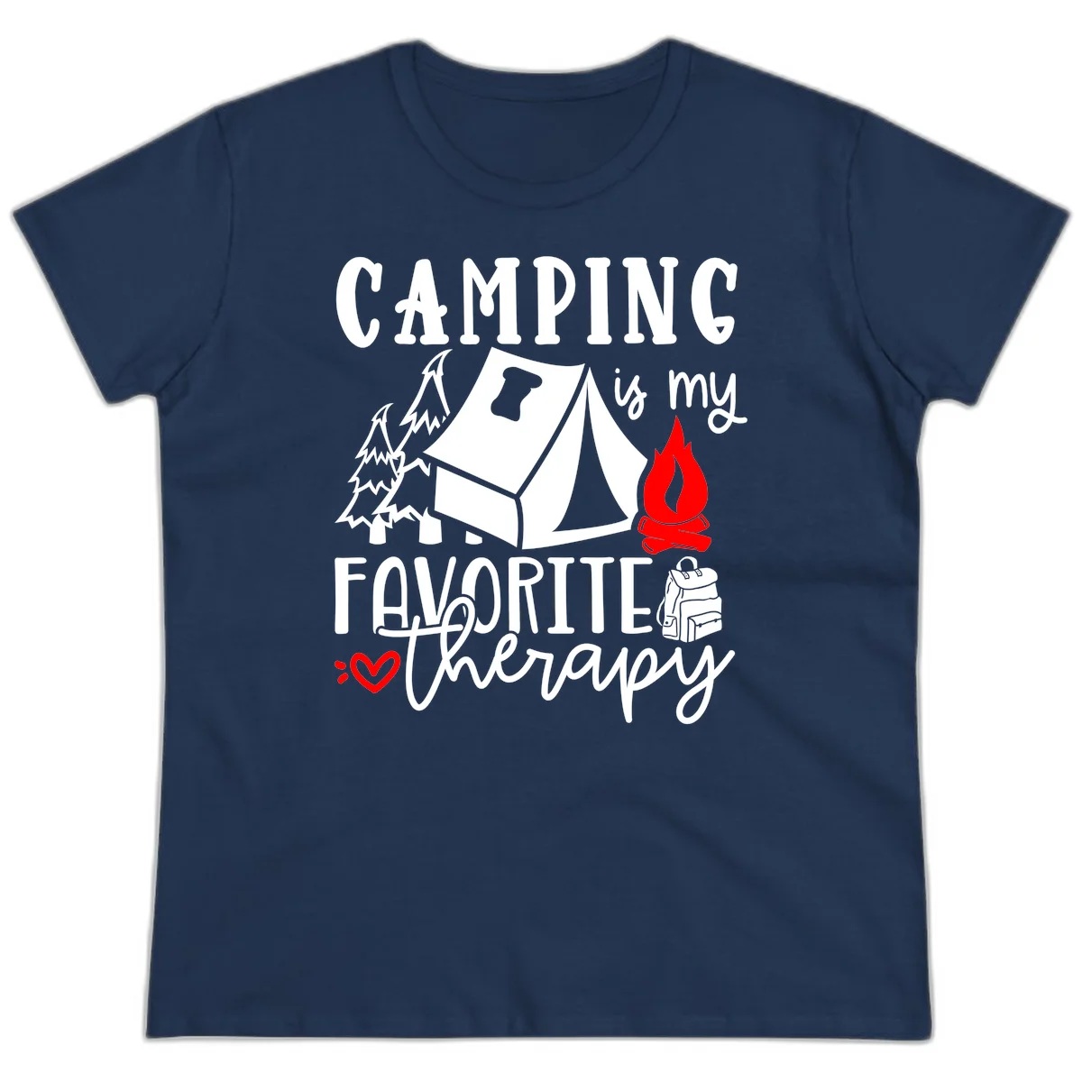 Illustration of tent, campfire, trees, and backpack with text reading 'Camping is my Favorite Therapy' on gray background in Navy