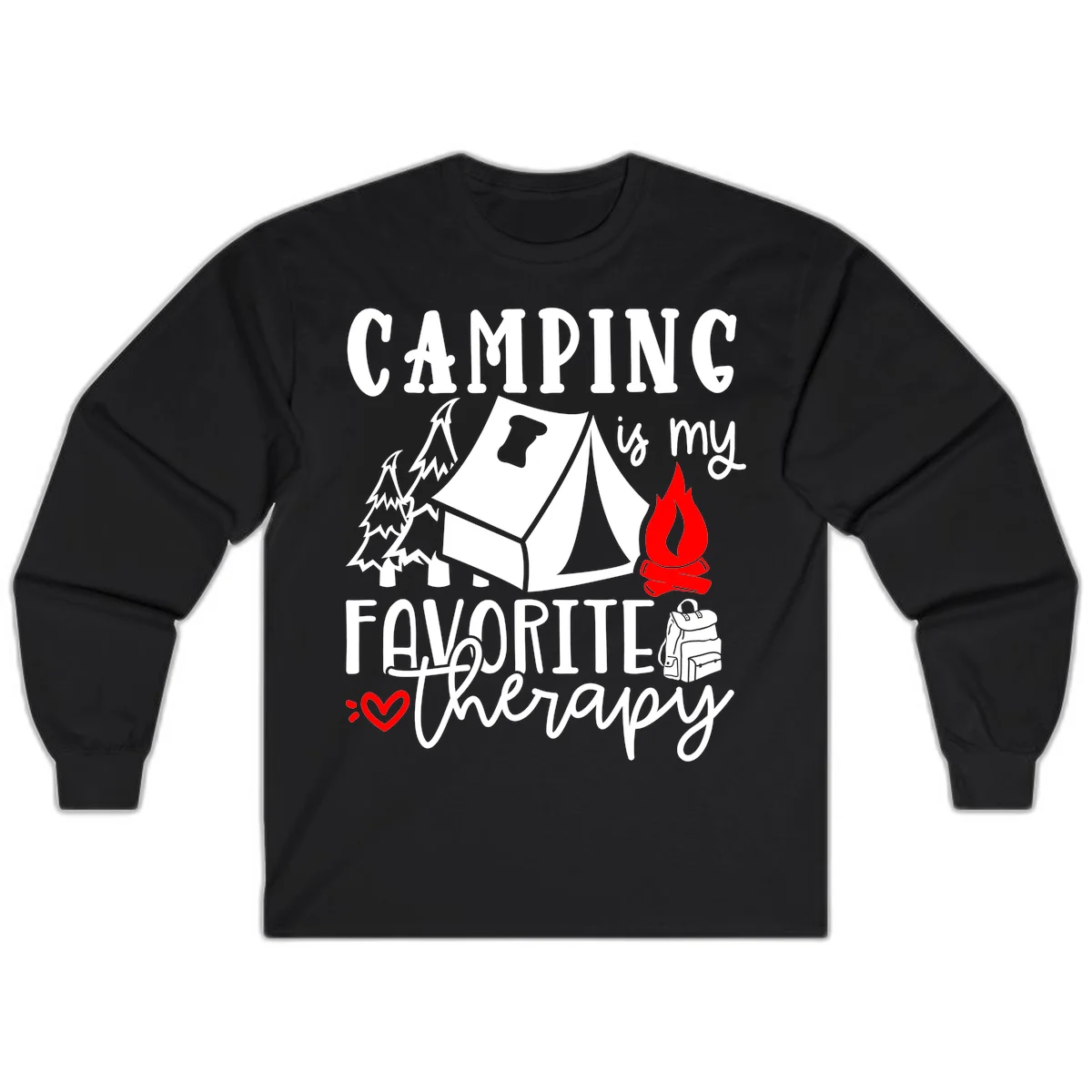 Illustration of tent, campfire, trees, and backpack with text reading 'Camping is my Favorite Therapy' on gray background in Black