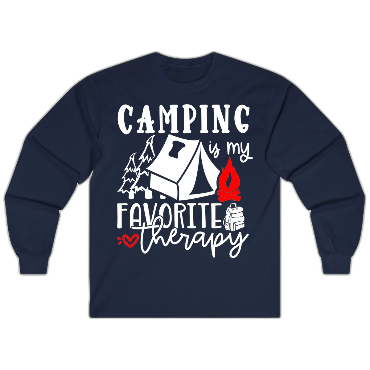 Illustration of tent, campfire, trees, and backpack with text reading 'Camping is my Favorite Therapy' on gray background in Navy