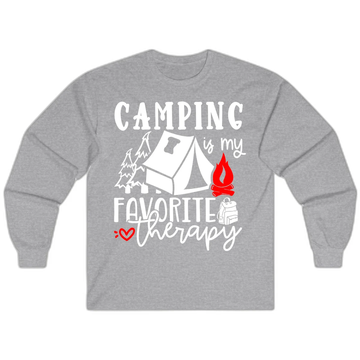 Illustration of tent, campfire, trees, and backpack with text reading 'Camping is my Favorite Therapy' on gray background in Sport Grey
