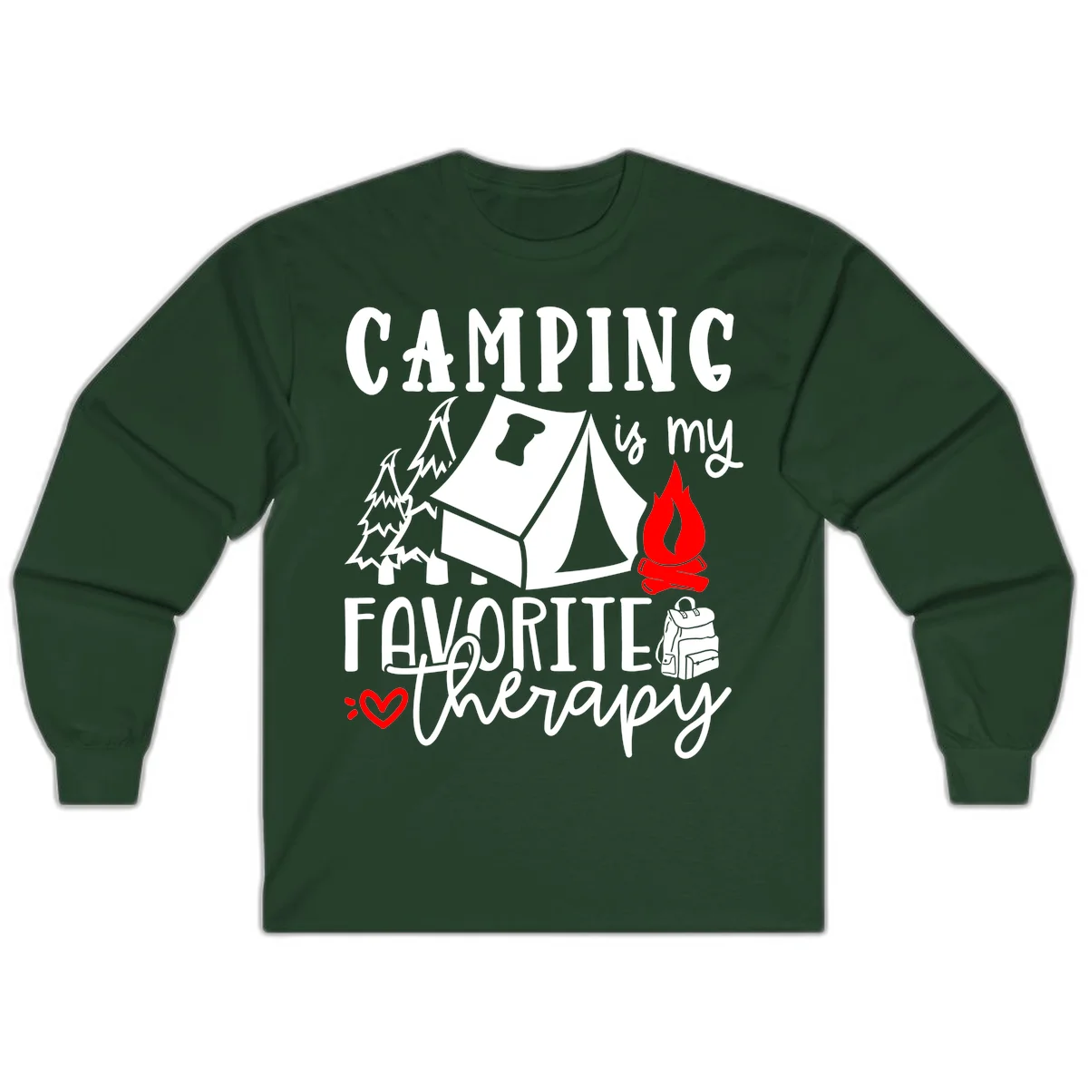 Illustration of tent, campfire, trees, and backpack with text reading 'Camping is my Favorite Therapy' on gray background in Forest Green