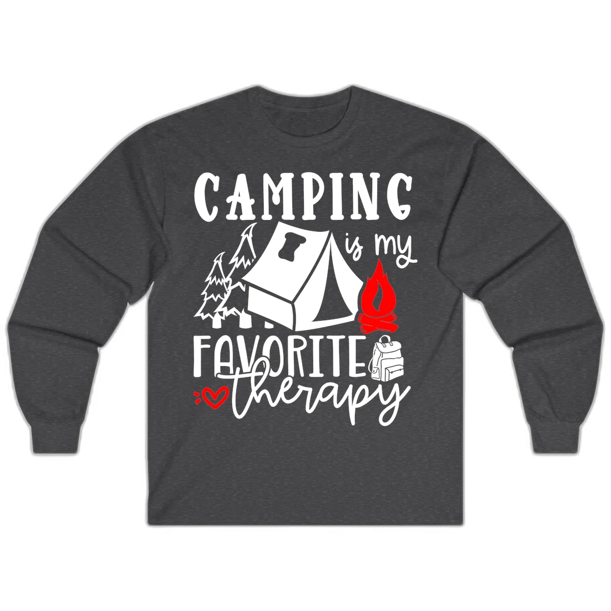 Illustration of tent, campfire, trees, and backpack with text reading 'Camping is my Favorite Therapy' on gray background in Dark Heather