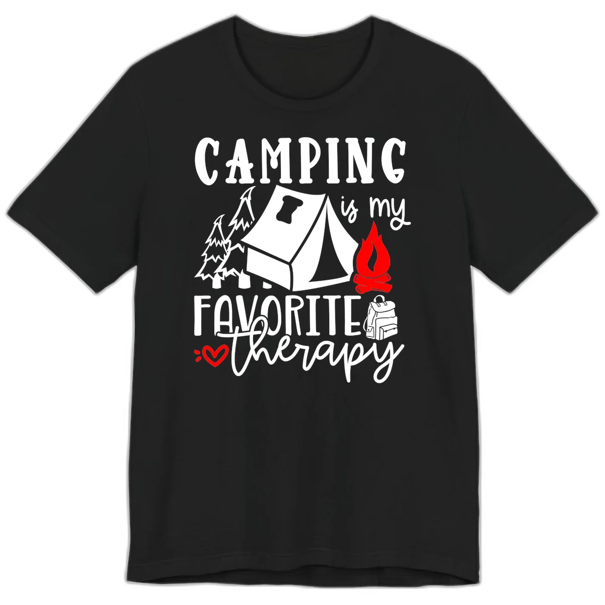 Illustration of tent, campfire, trees, and backpack with text reading 'Camping is my Favorite Therapy' on gray background in Black