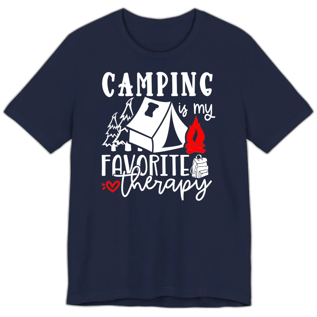 Illustration of tent, campfire, trees, and backpack with text reading 'Camping is my Favorite Therapy' on gray background in Navy