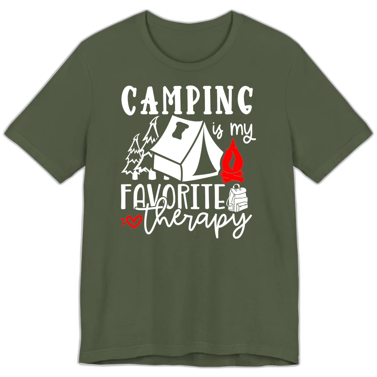 Illustration of tent, campfire, trees, and backpack with text reading 'Camping is my Favorite Therapy' on gray background in Military Green