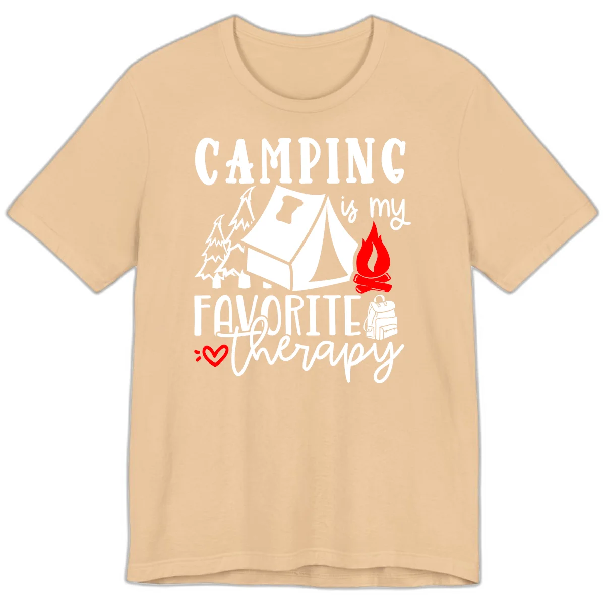 Illustration of tent, campfire, trees, and backpack with text reading 'Camping is my Favorite Therapy' on gray background in Sand Dune