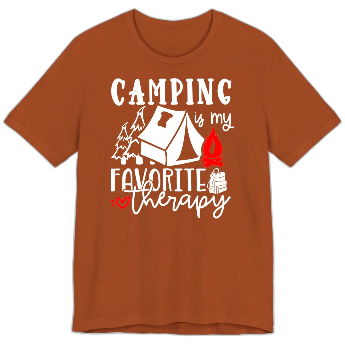 Illustration of tent, campfire, trees, and backpack with text reading 'Camping is my Favorite Therapy' on gray background in Autumn
