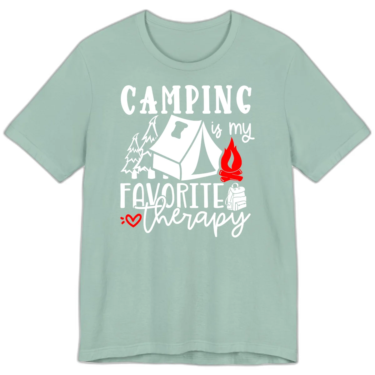 Illustration of tent, campfire, trees, and backpack with text reading 'Camping is my Favorite Therapy' on gray background in Dusty Blue